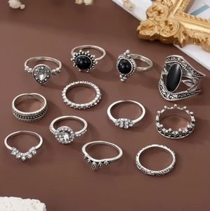 Set of 12 silver midi stack rings knuckle rings black onyx and rhinestones NWT
